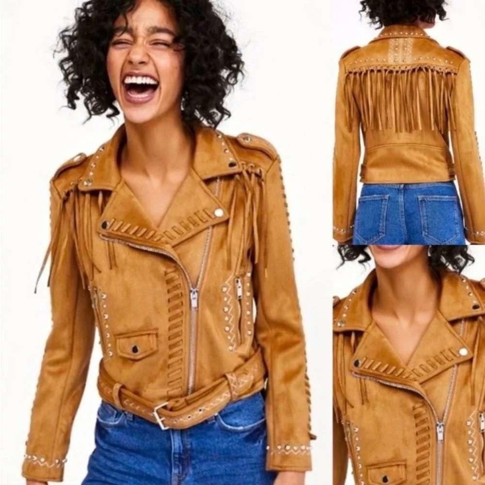 Zara Faux Suede Fringe Studded Western Moto Belted Jacket Tan Size Small